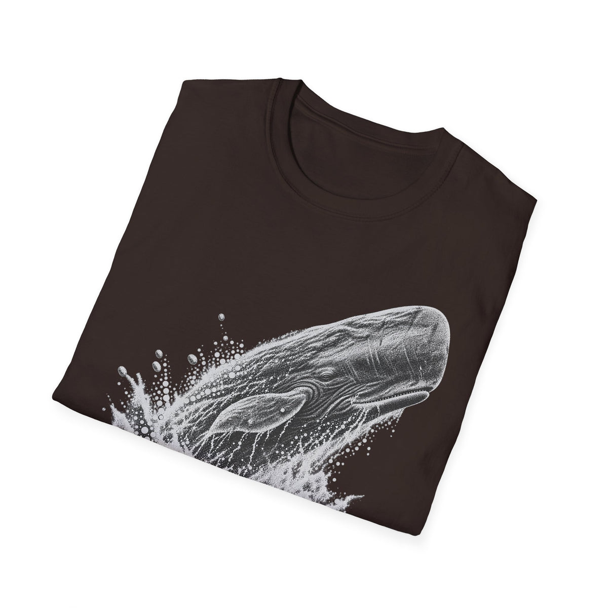 Dark brown T-shirt with gray breaching whale splash graphic