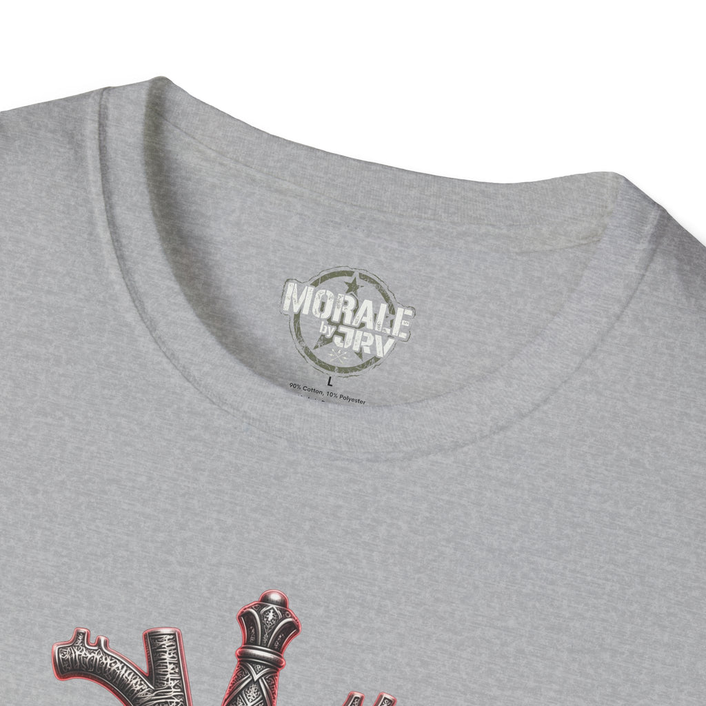 Sport grey T-shirt neckline close-up with partial chest graphic