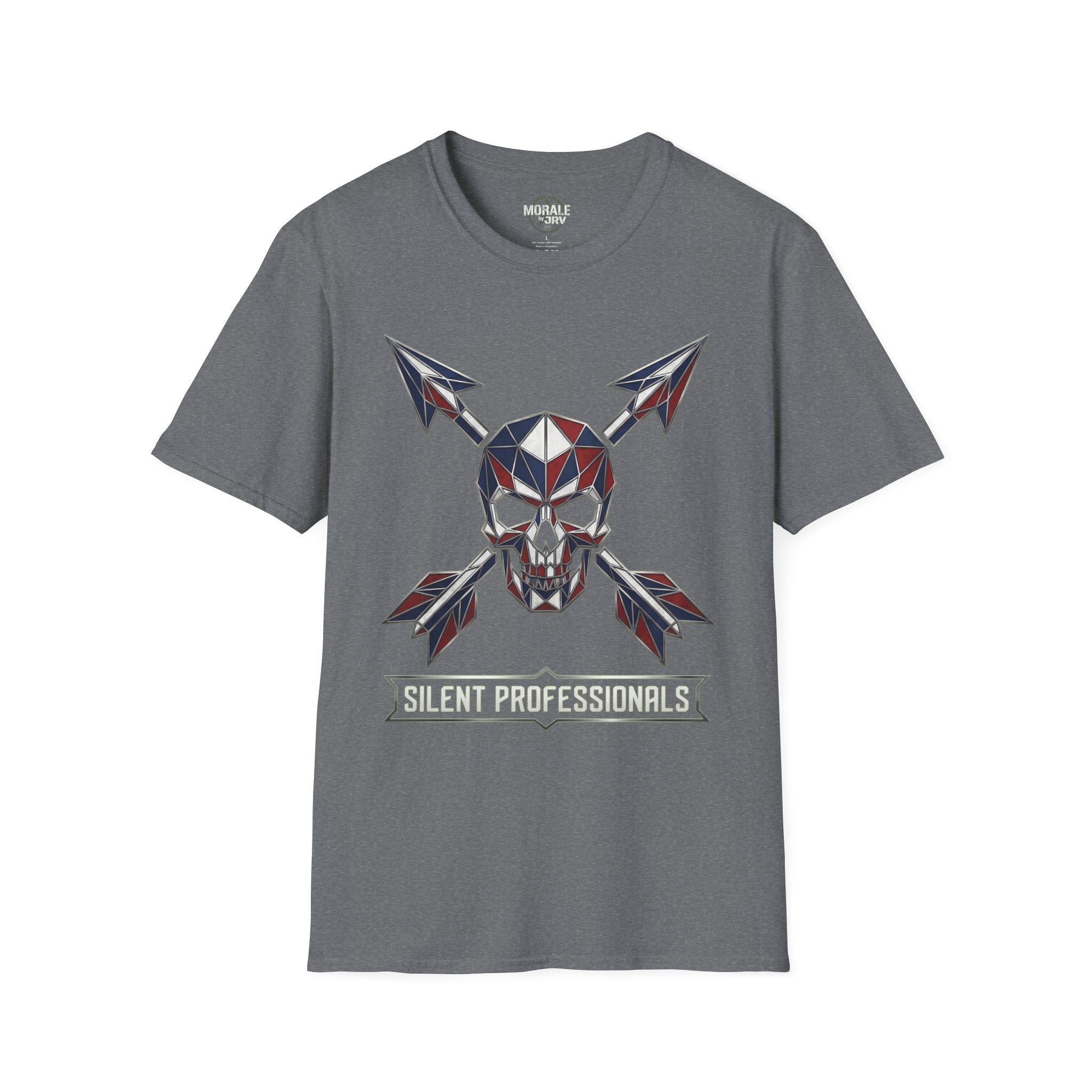 Graphite heather T-shirt with geometric skull and crossed arrows print