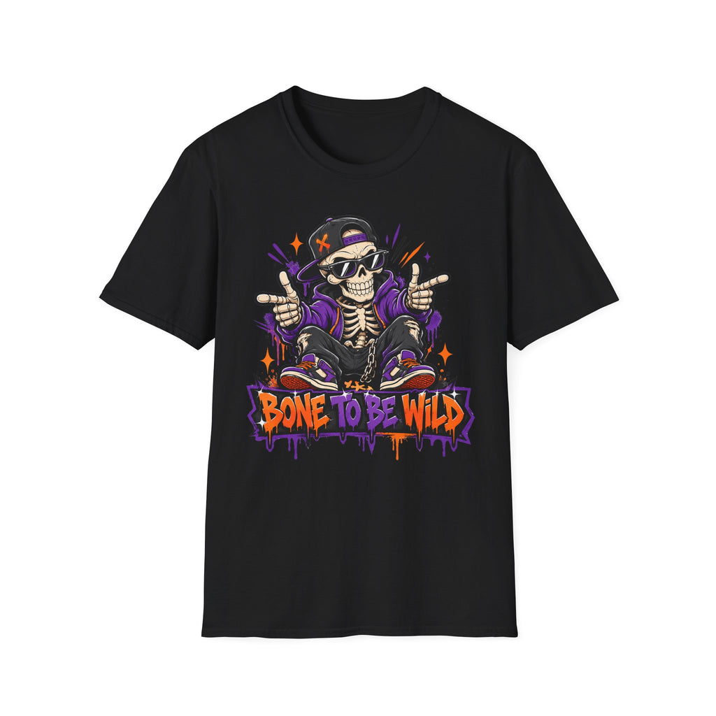 Black skeleton DJ T-shirt with purple headphones skull and “Bone to Be Wild” text