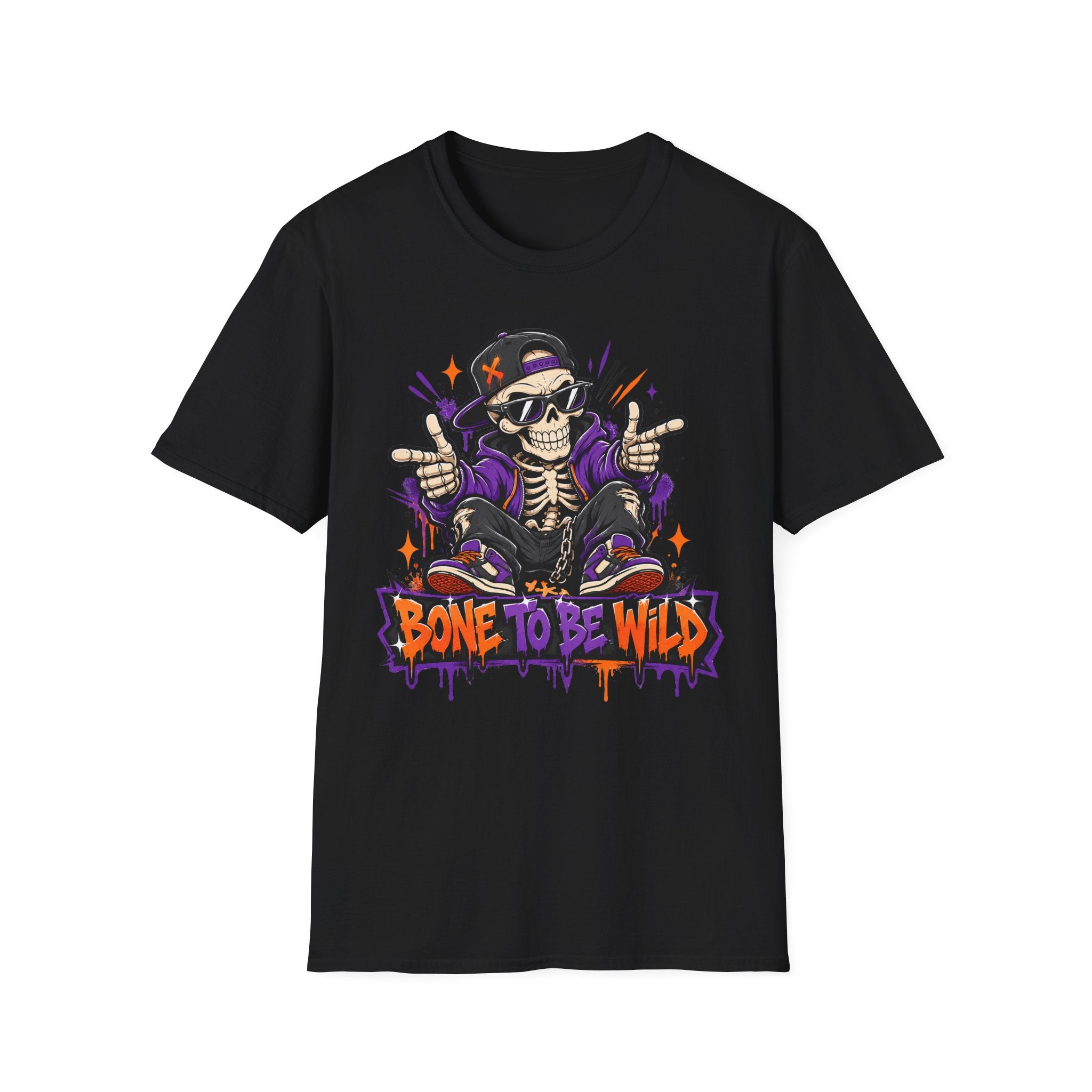 Black skeleton DJ T-shirt with purple headphones skull and “Bone to Be Wild” text