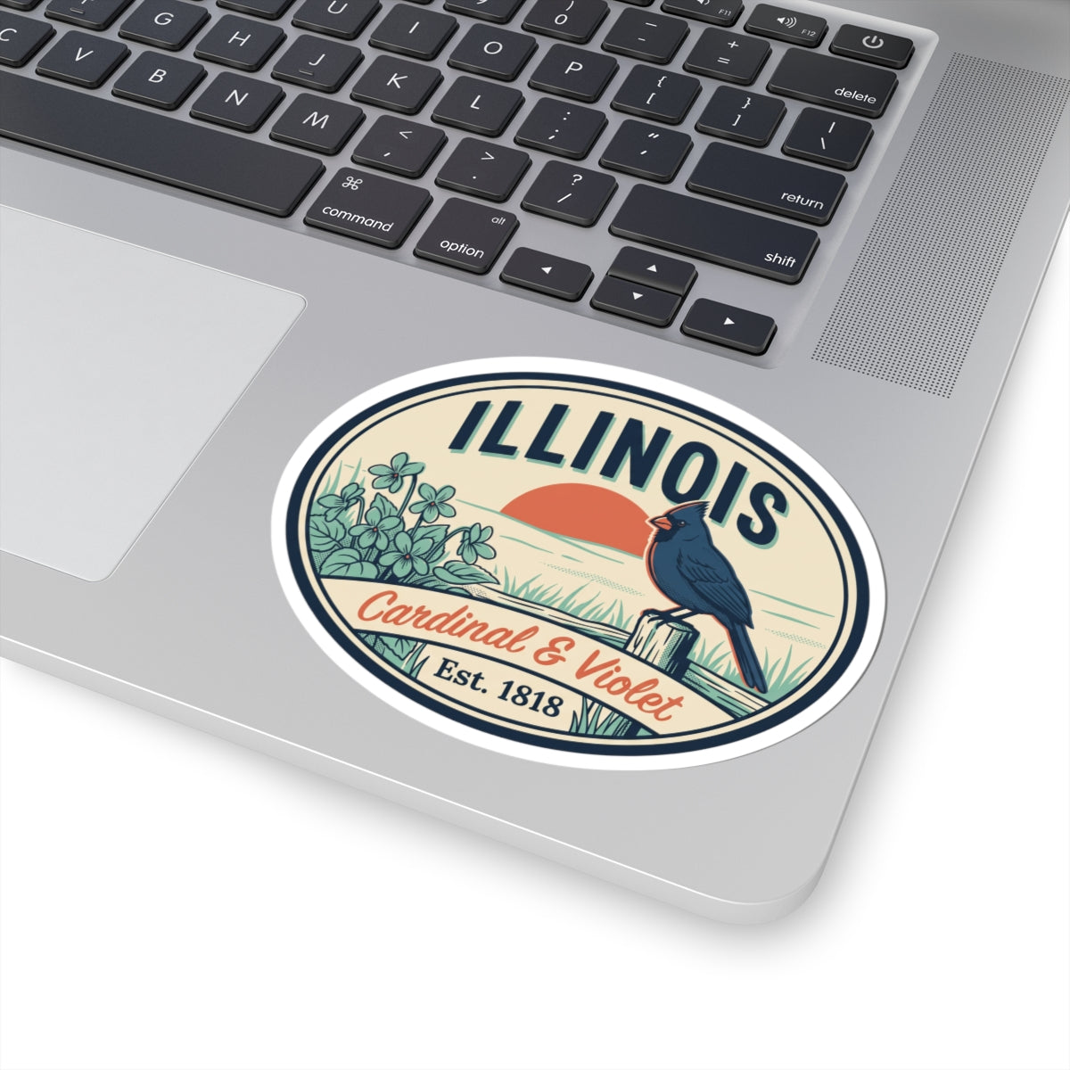 Oval vinyl sticker decal featuring Illinois text, cardinal bird, and Cardinal & Violet lettering
