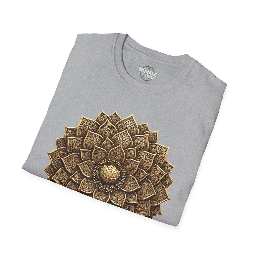 Light gray T-Shirt with gold mandala flower in geometric lotus sunburst design