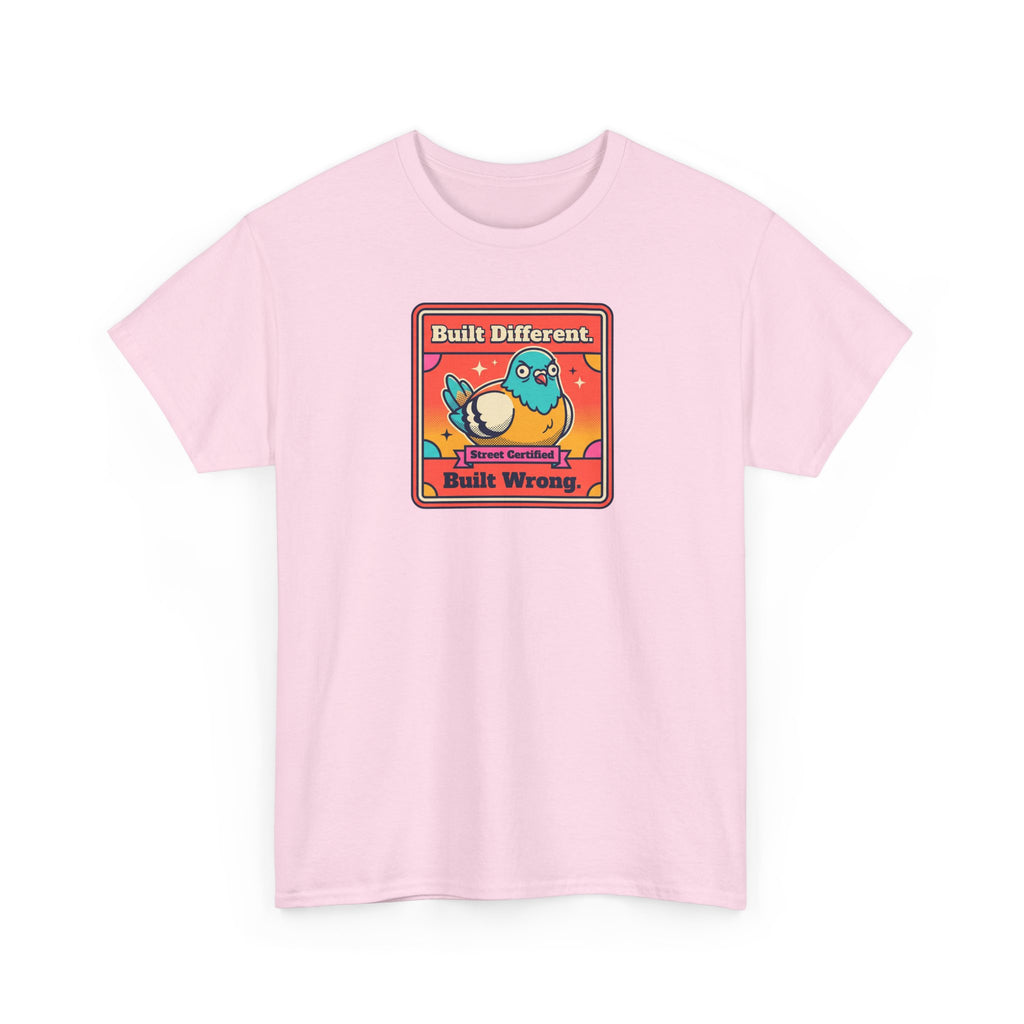 Light pink crew-neck T-shirt with colorful bird graphic and text on front.