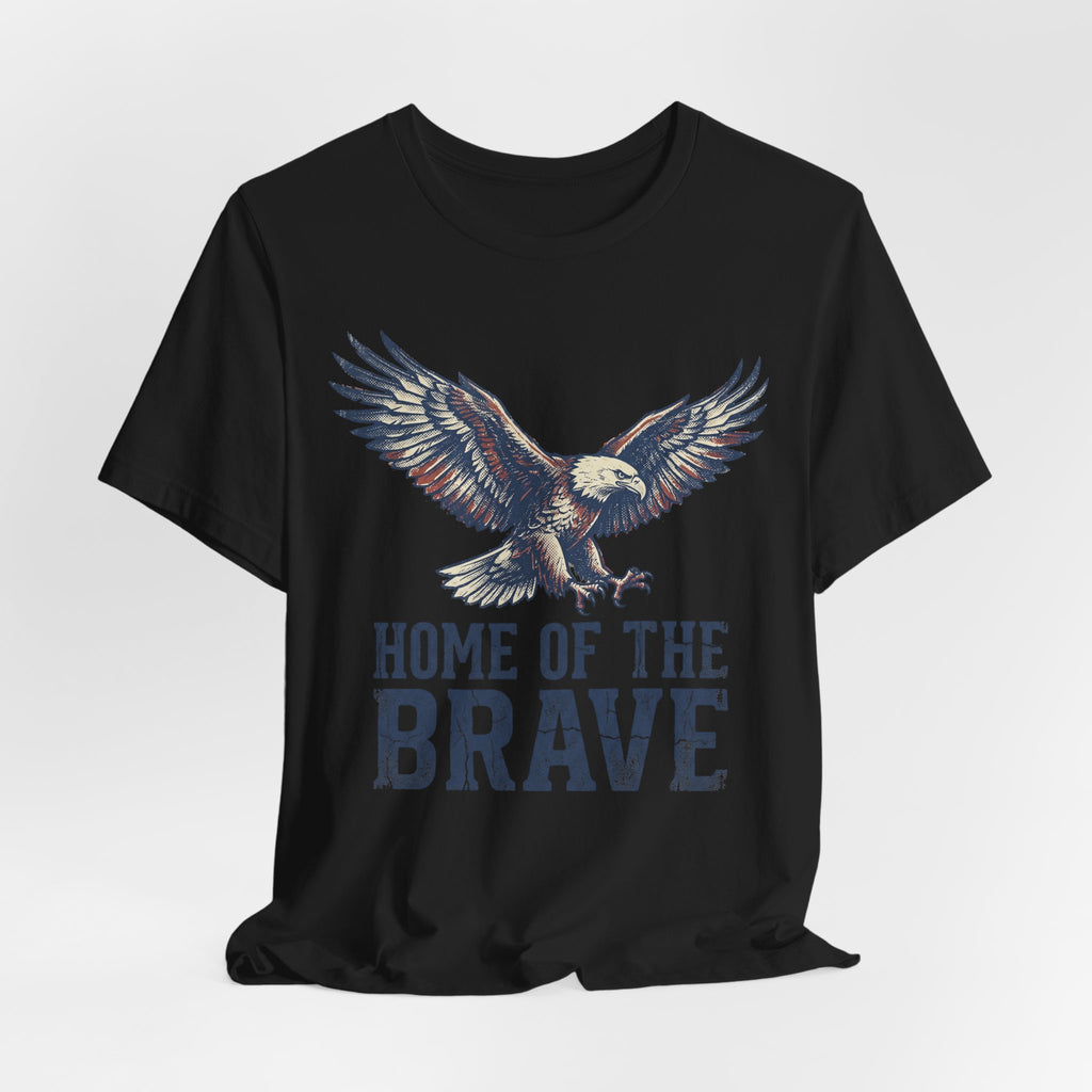 Black T-shirt with flying bald eagle graphic and 'HOME OF THE BRAVE' print