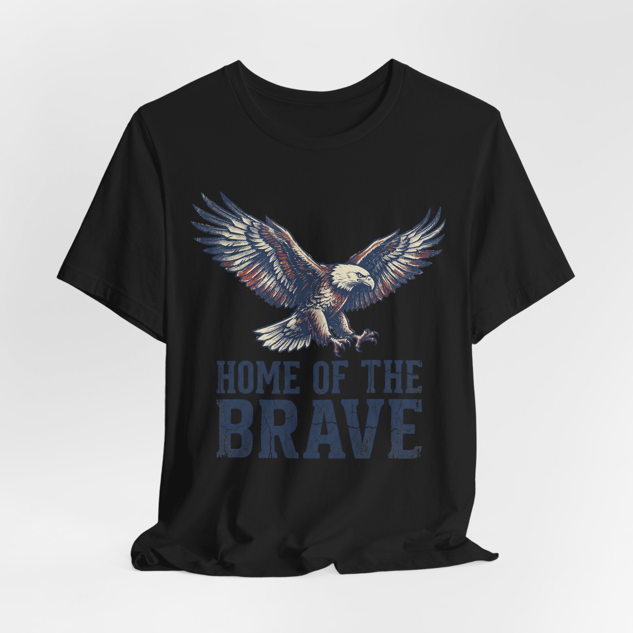 Black T-shirt with flying bald eagle graphic and 'HOME OF THE BRAVE' print