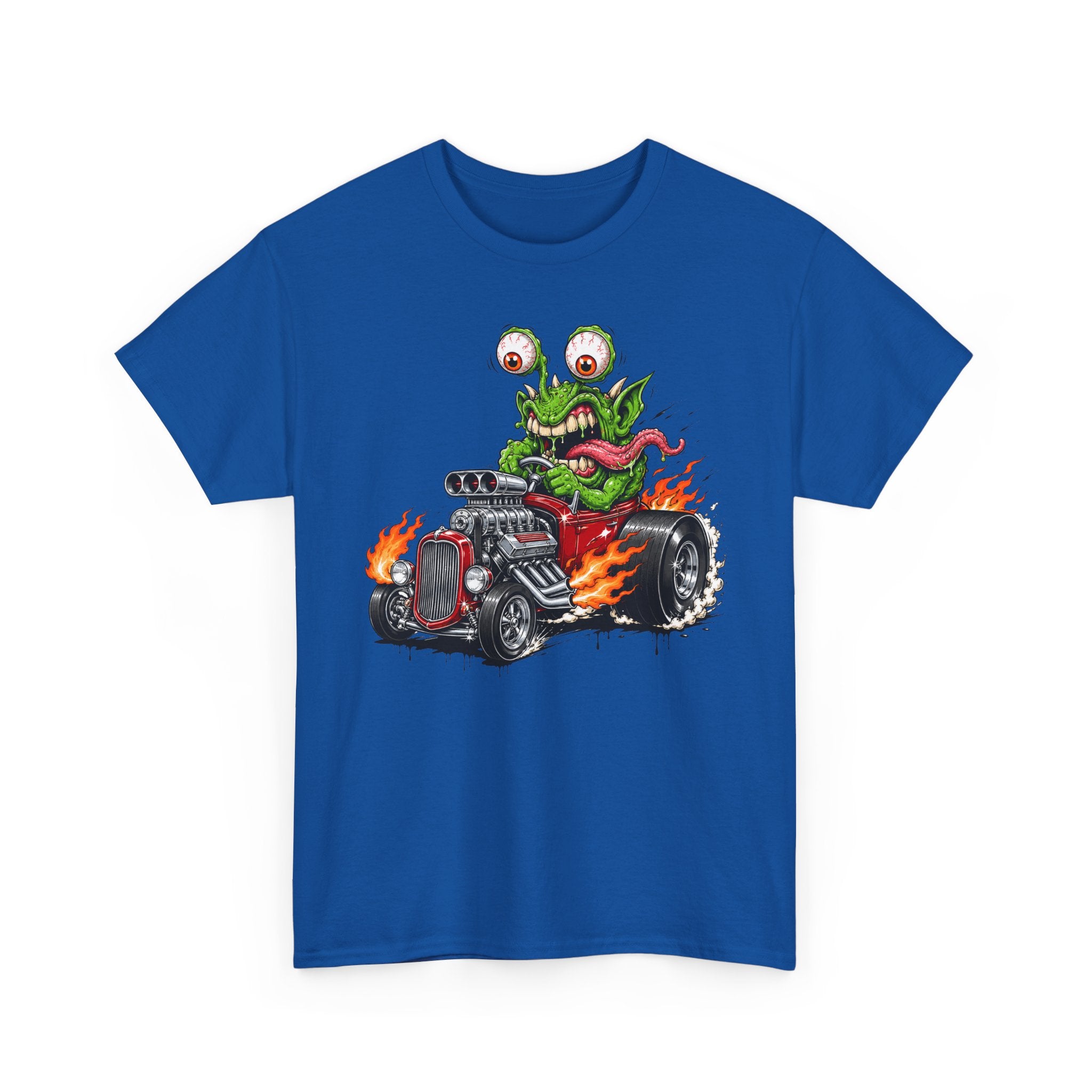 Royal blue monster hot rod graphic unisex T-shirt, green creature with flames