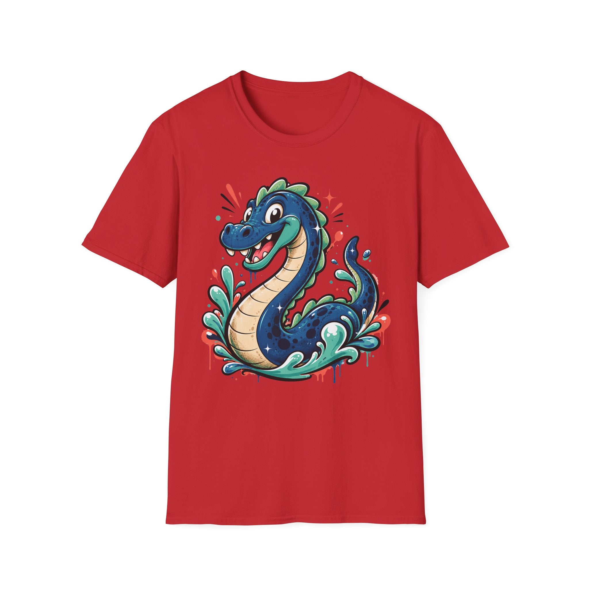 Red short-sleeve T-shirt with teal and blue sea serpent cartoon graphic, crew neck.