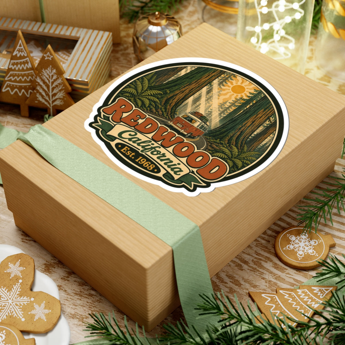 Round decal showing redwood forest scene, camper van, “Redwood California,” and “Est. 1968.”