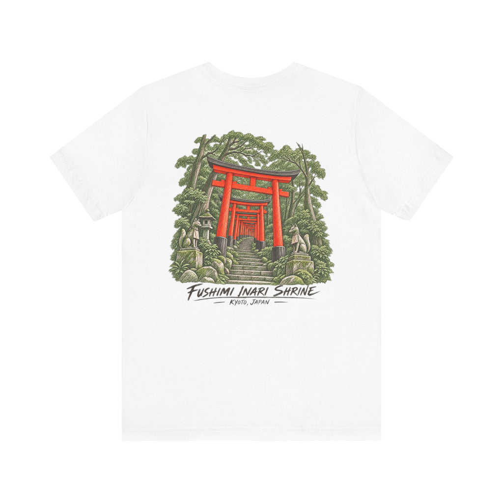 White t-shirt with red torii gate graphic and green shrine illustration on the front
