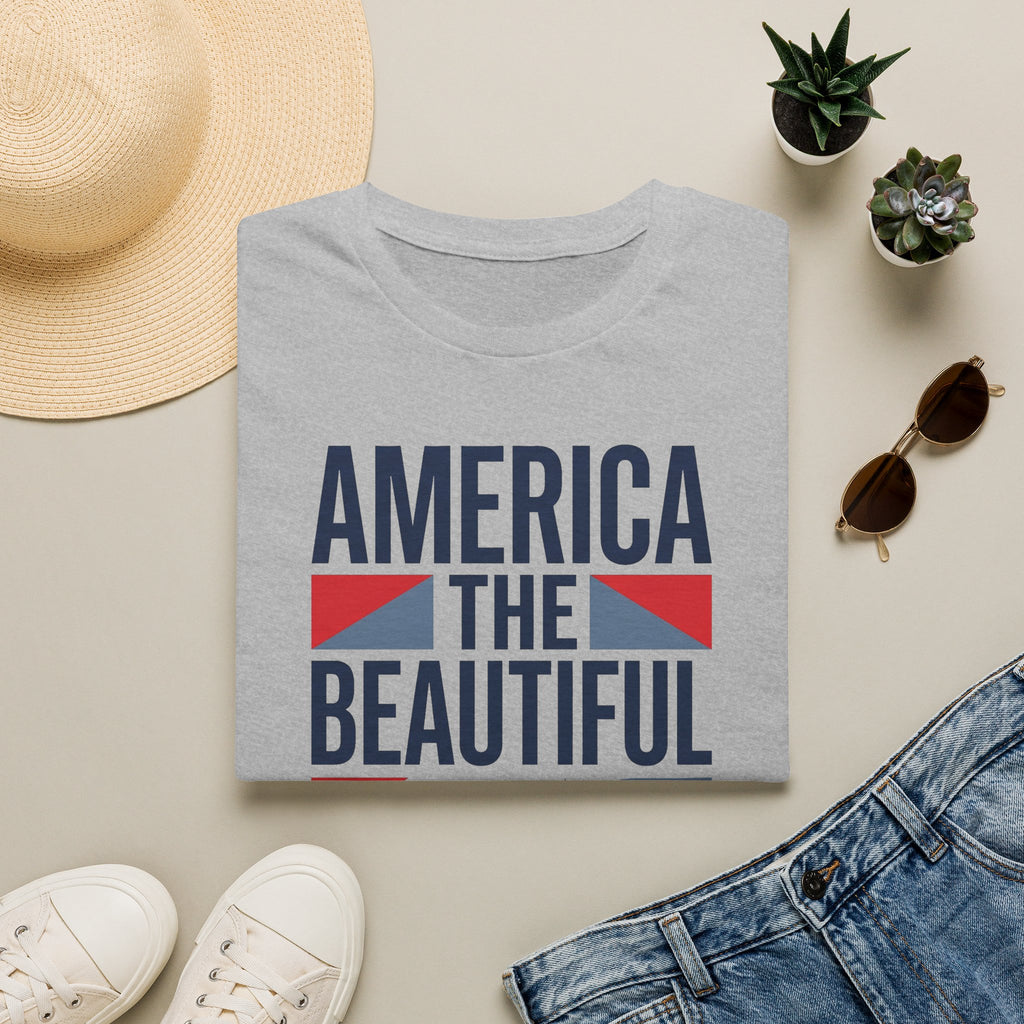 Sport grey T-shirt with “America the Beautiful” patriotic graphic on front