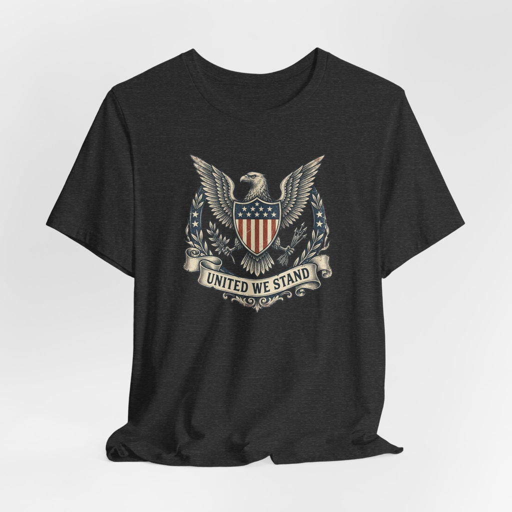 Black crew-neck T-shirt with centered eagle shield "United We Stand" print