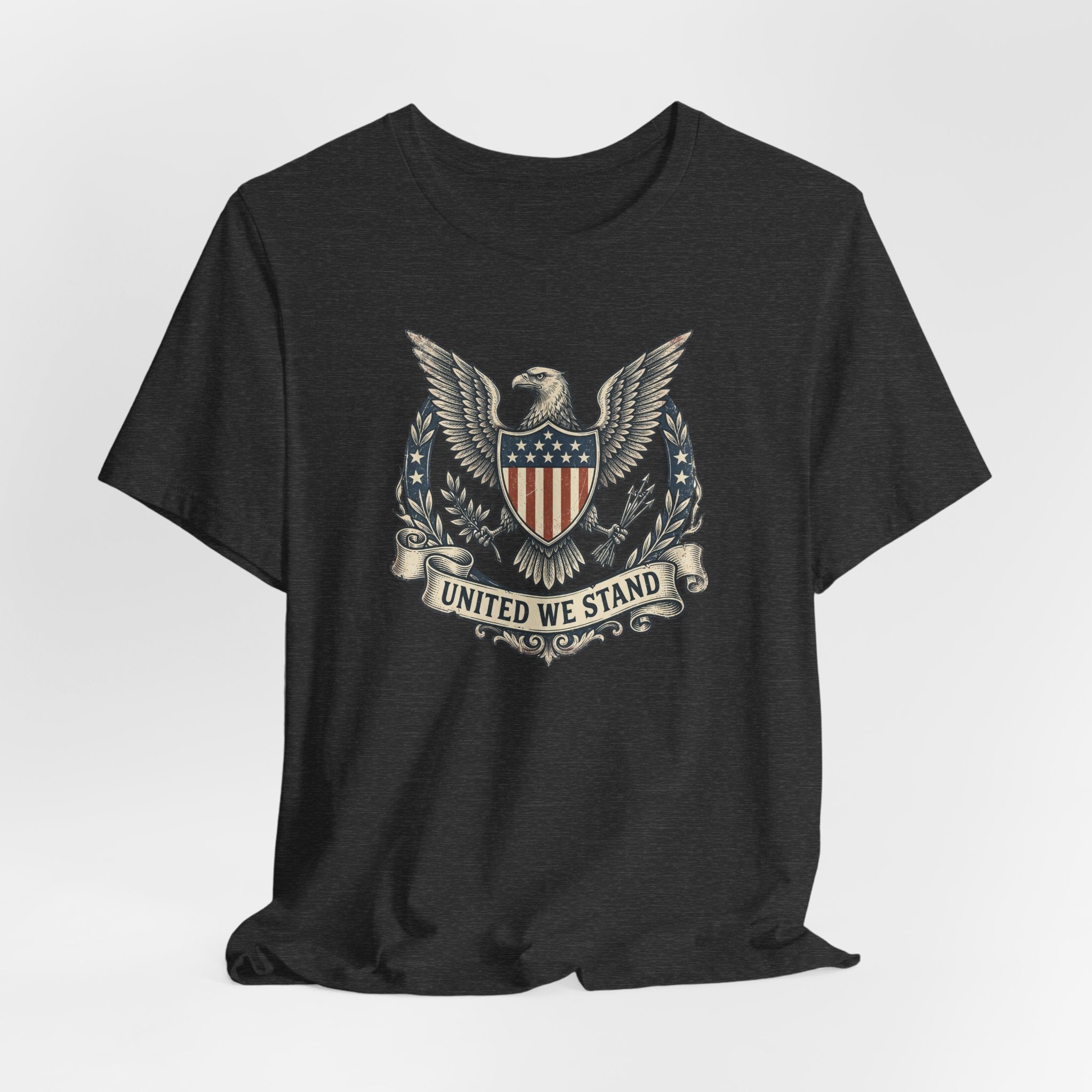 Black crew-neck T-shirt with centered eagle shield "United We Stand" print