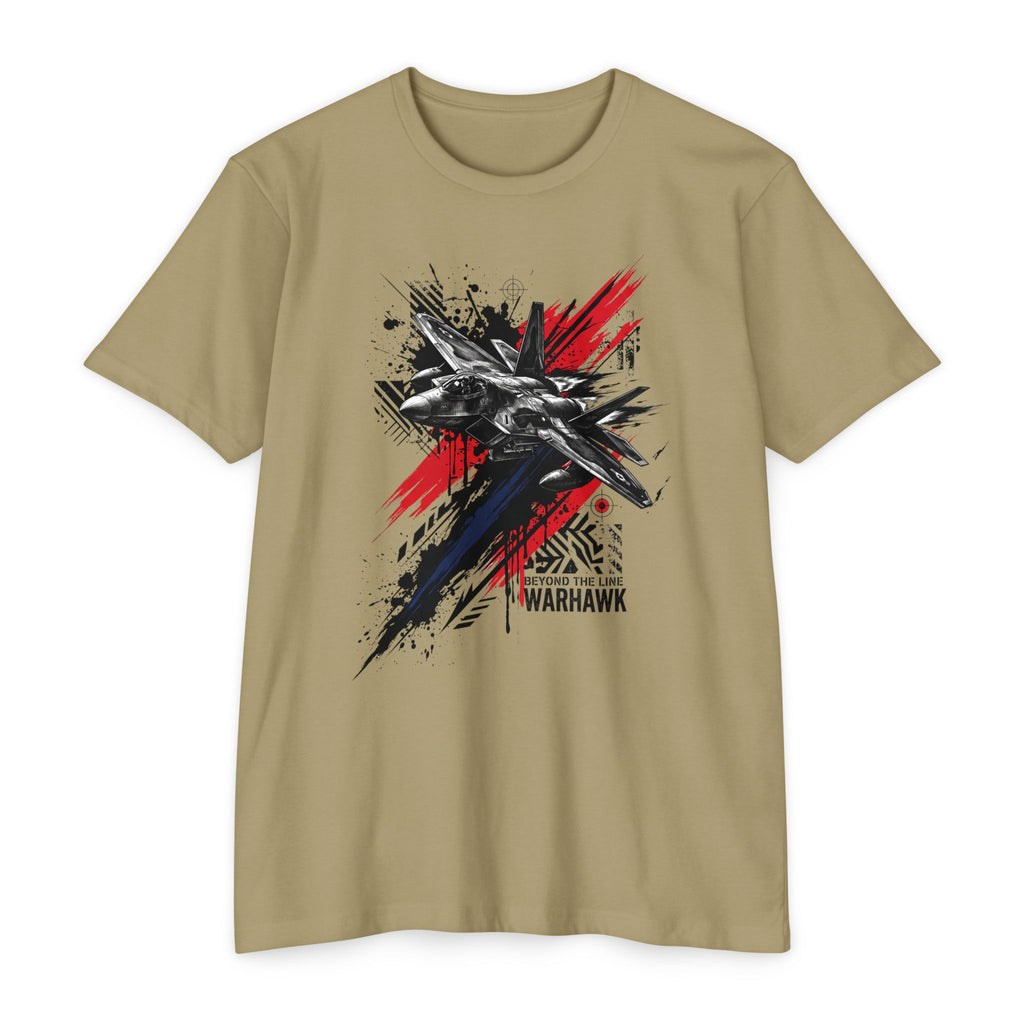 Crew neck T-shirt in tan with warplane graffiti graphic in red, blue, and black.