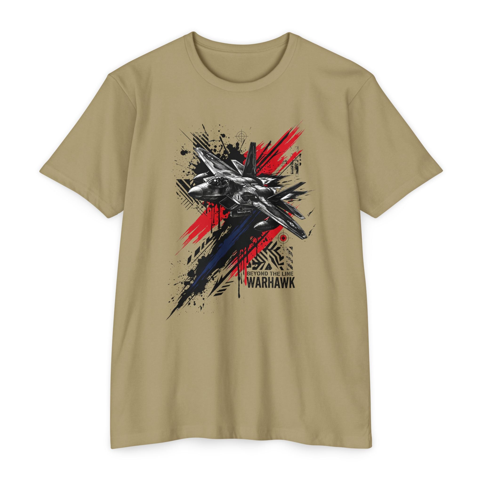 Crew neck T-shirt in tan with warplane graffiti graphic in red, blue, and black.