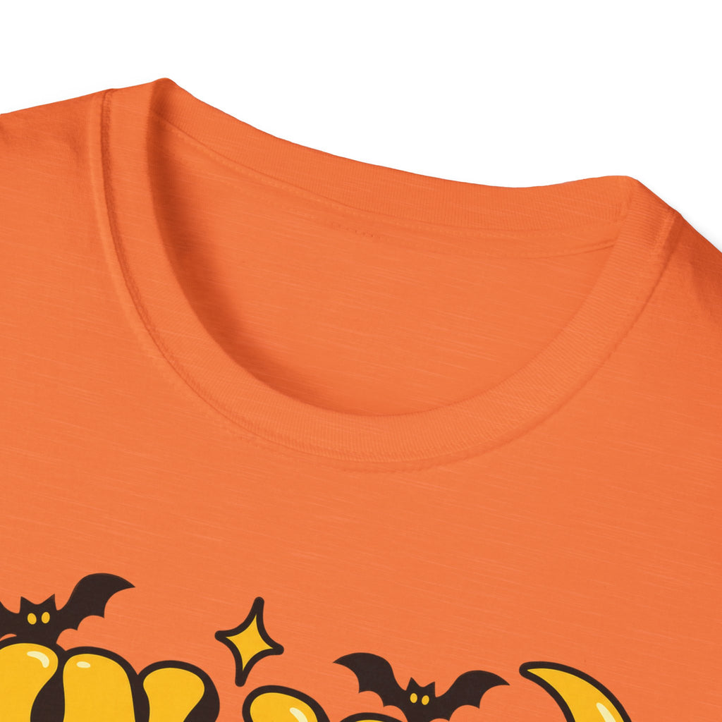 Orange Halloween bubble-letter T-shirt with black bat accents, crew neck close-up