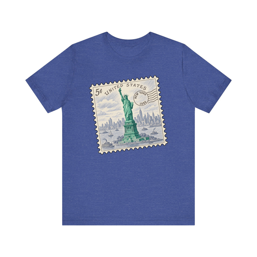 Dark blue T-shirt with vintage postage stamp graphic featuring the Statue of Liberty