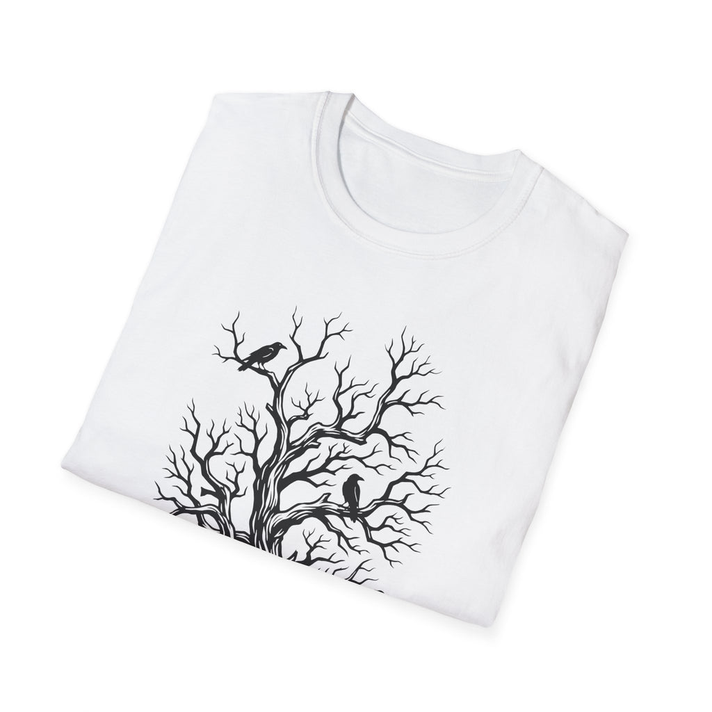 White T-shirt with black bare-branch tree and crow graphic