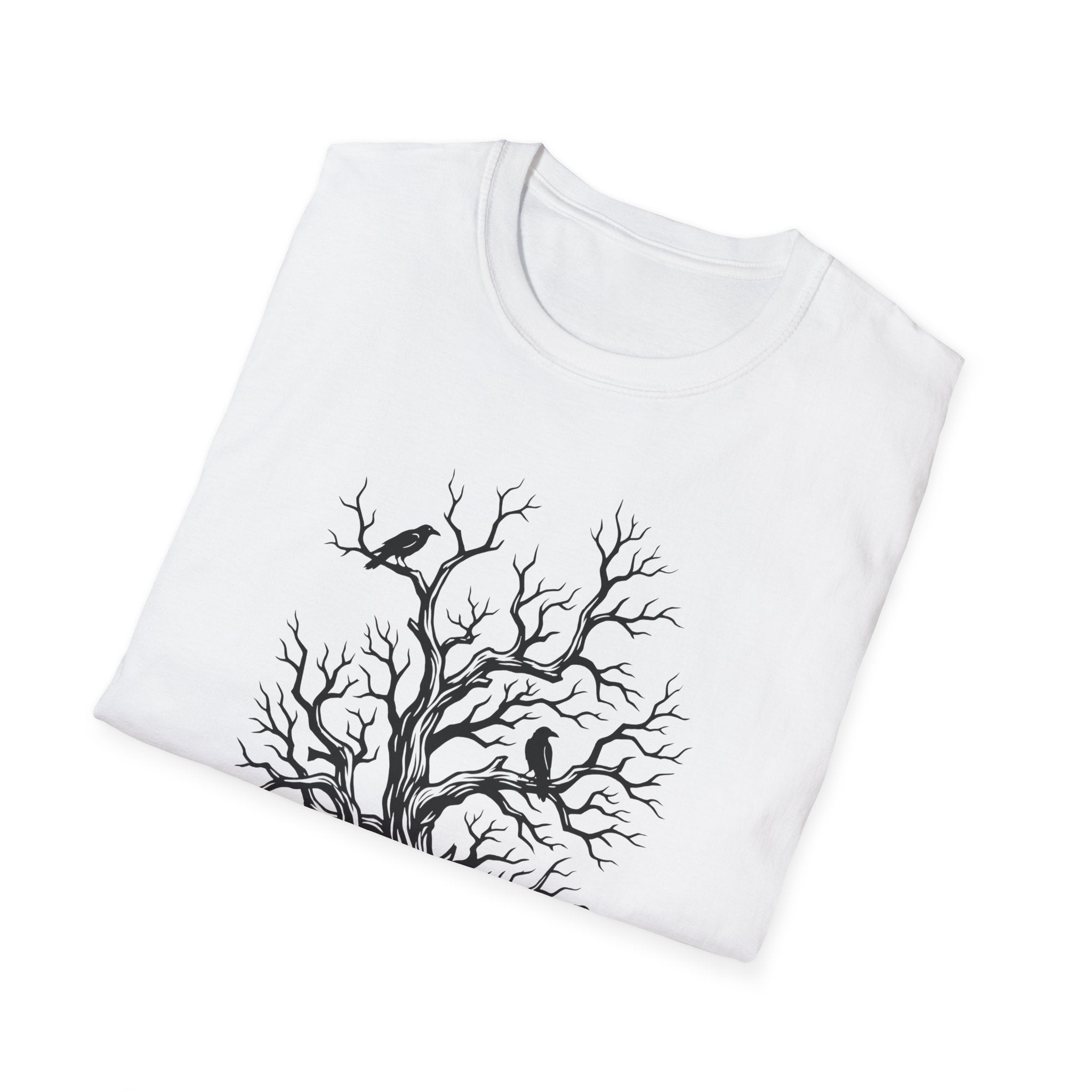 White T-shirt with black bare-branch tree and crow graphic