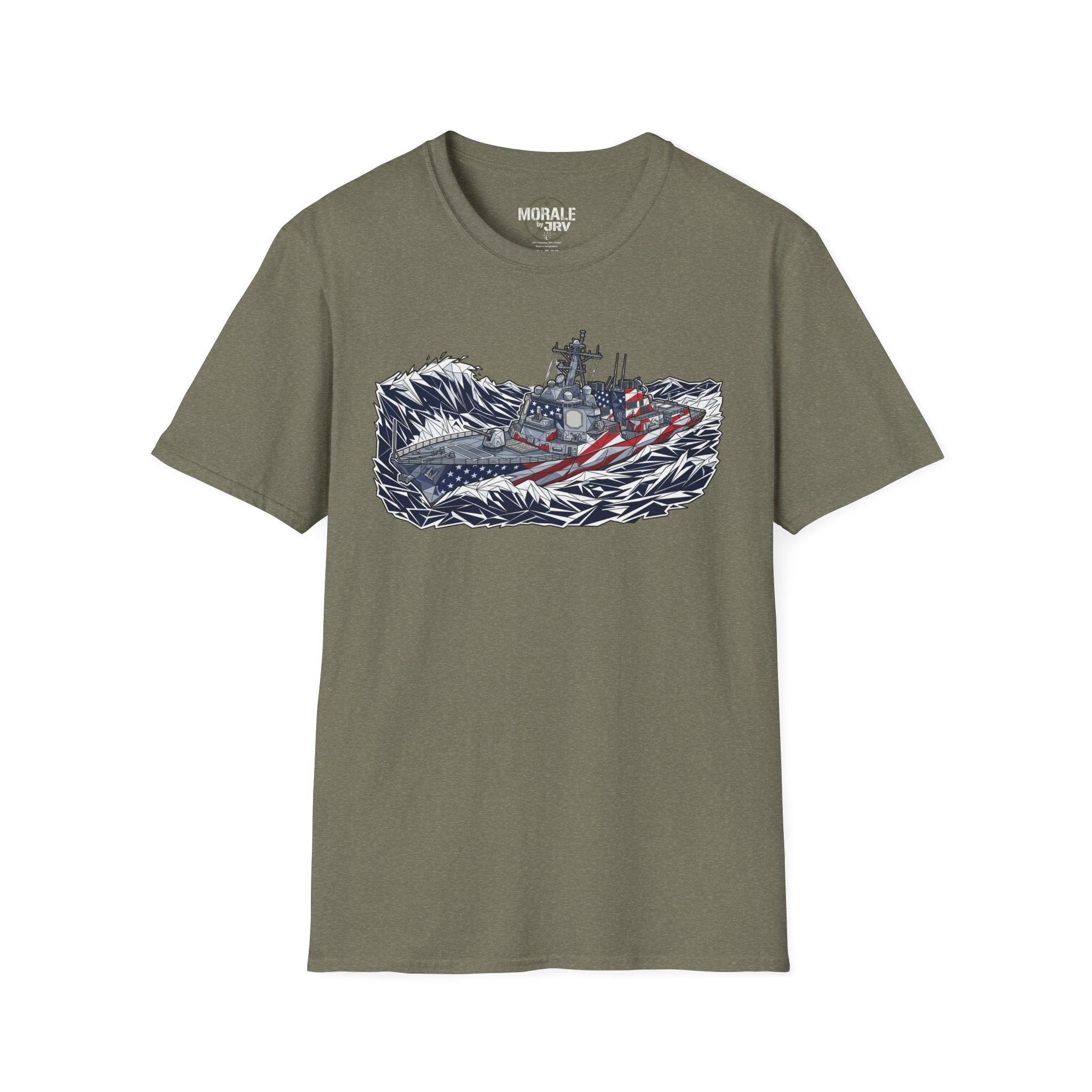 American flag battleship graphic T-shirt, olive green with warship and stars-and-stripes pattern