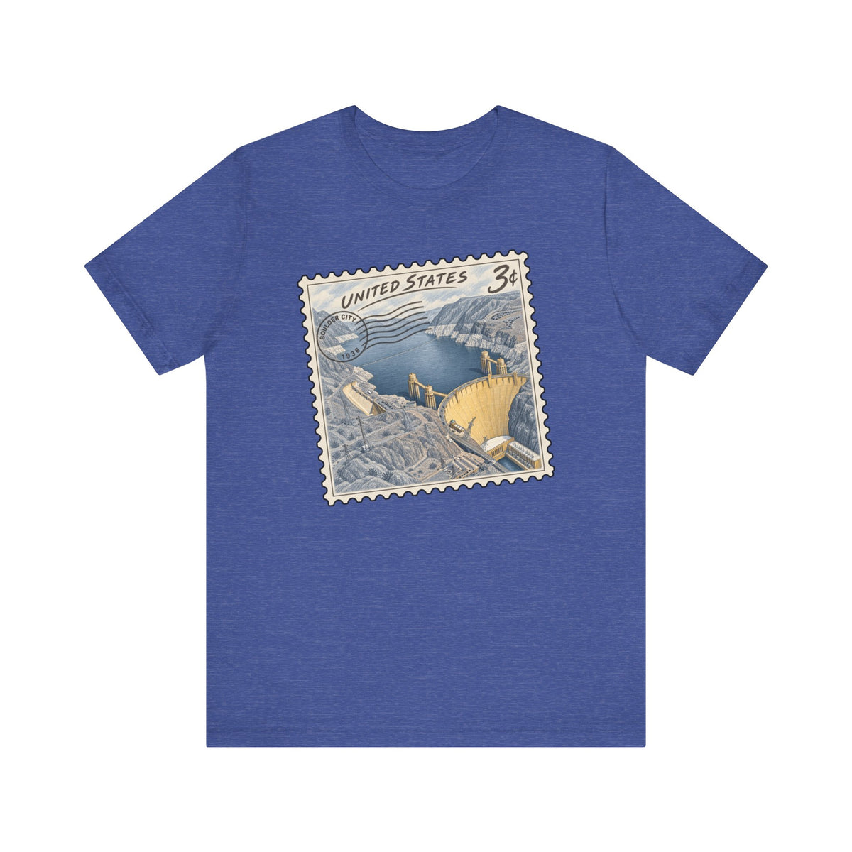True royal blue crew-neck short-sleeve T-shirt with vintage “UNITED STATES” stamp graphic
