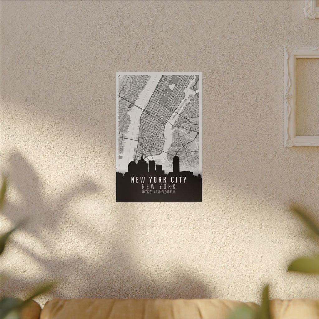 New York City skyline canvas map, street grid pattern with 'NEW YORK' lettering and coordinates
