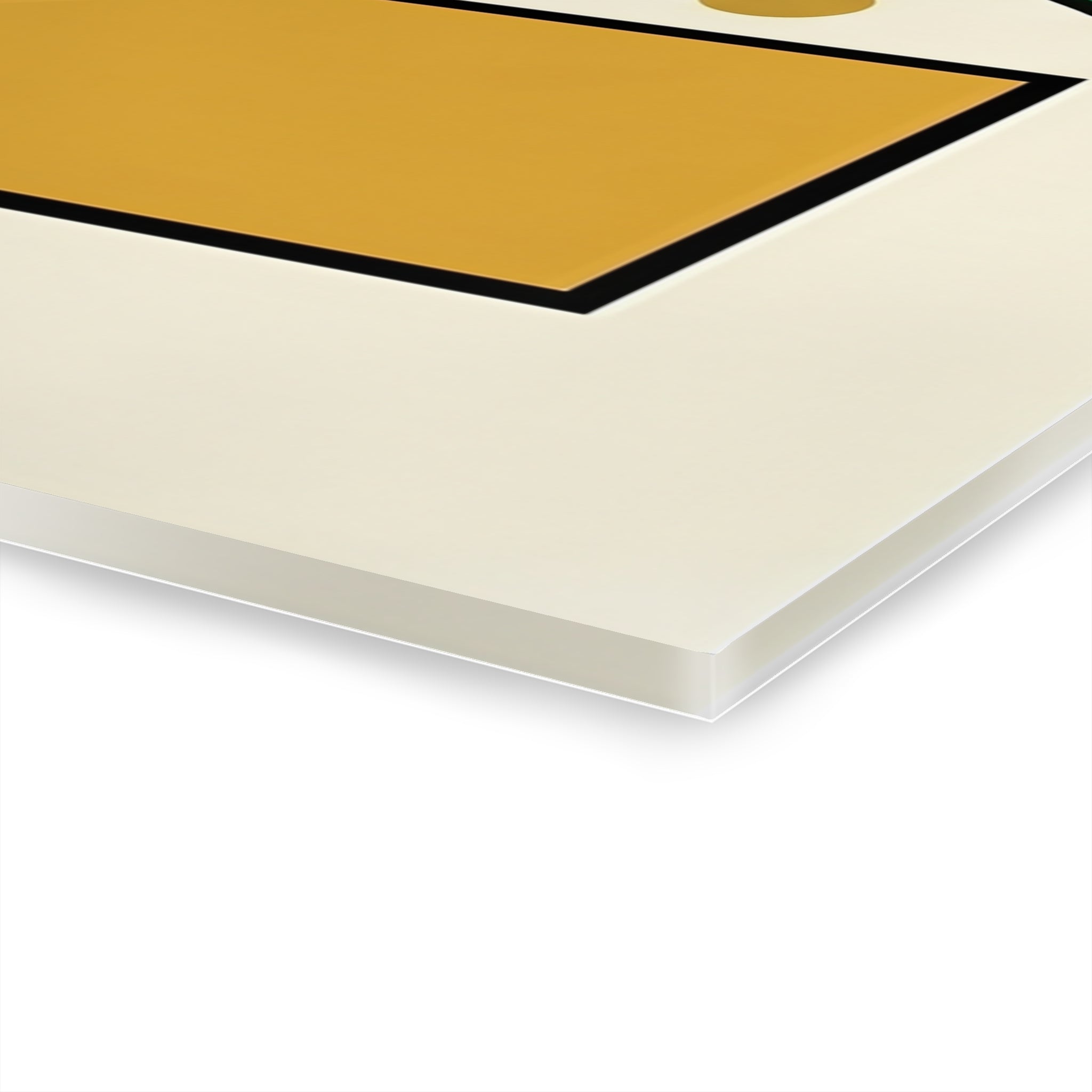 Close-up of print edge: cream border with layered depth and black-lined yellow shape