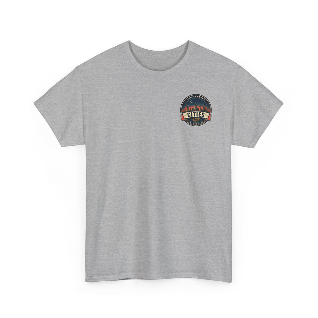 Light gray crewneck T-shirt with small round Cities patch on left chest