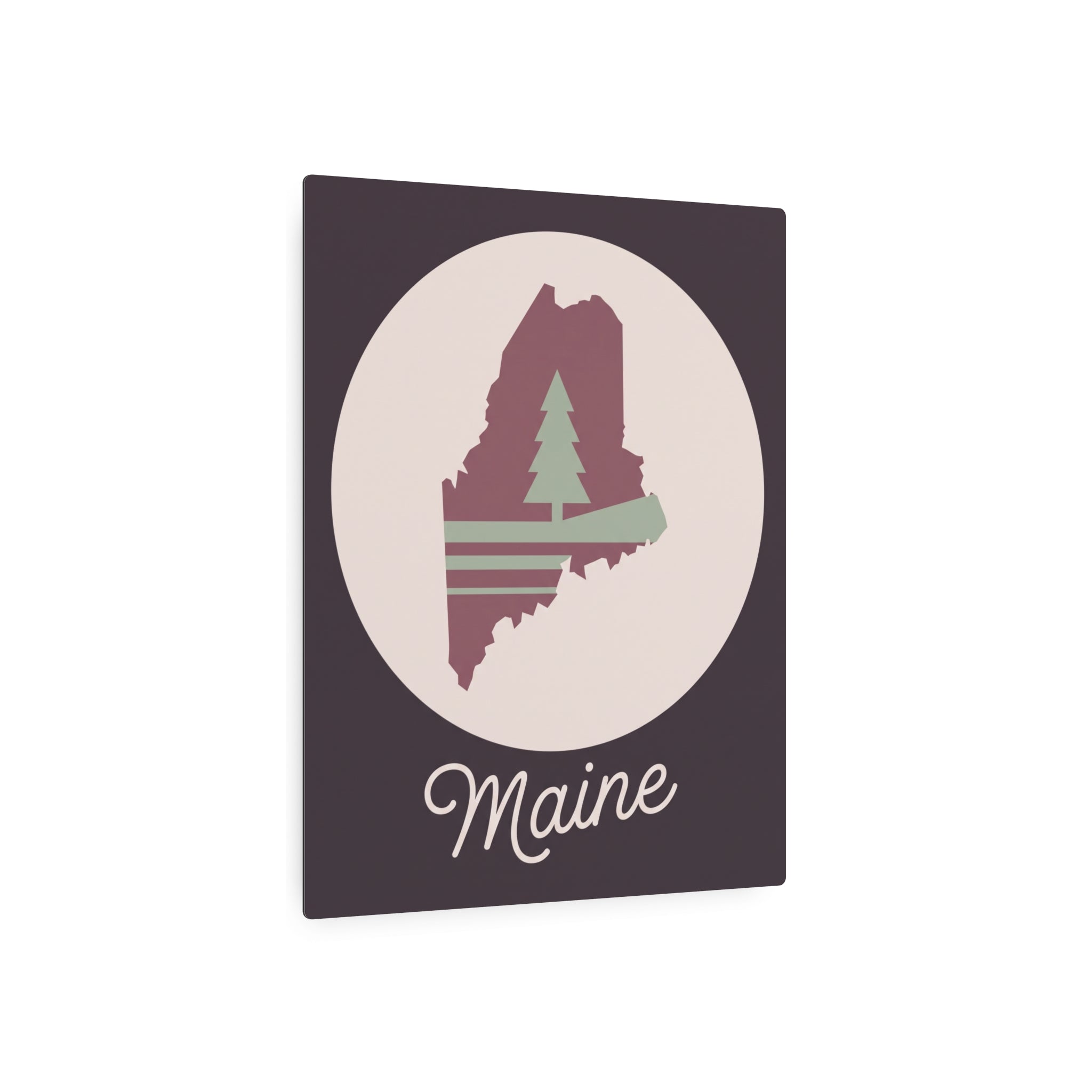 Maine pine tree metal wall art sign, dark square with circular rose map and sage tree