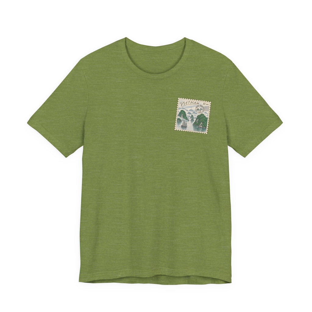 Olive green travel t-shirt with small vintage postage stamp-style Ha Long Bay graphic on chest.