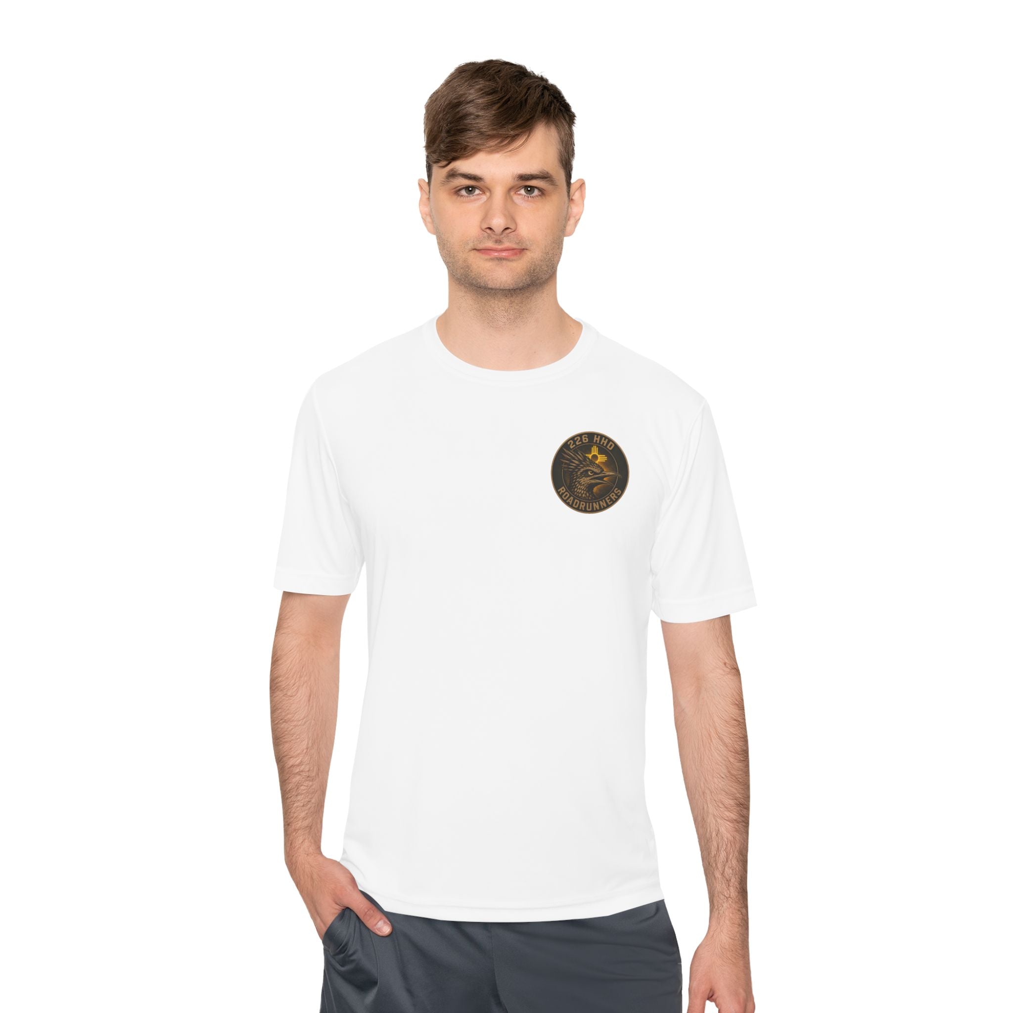 White polyester T-shirt with round chest emblem, worn by male model