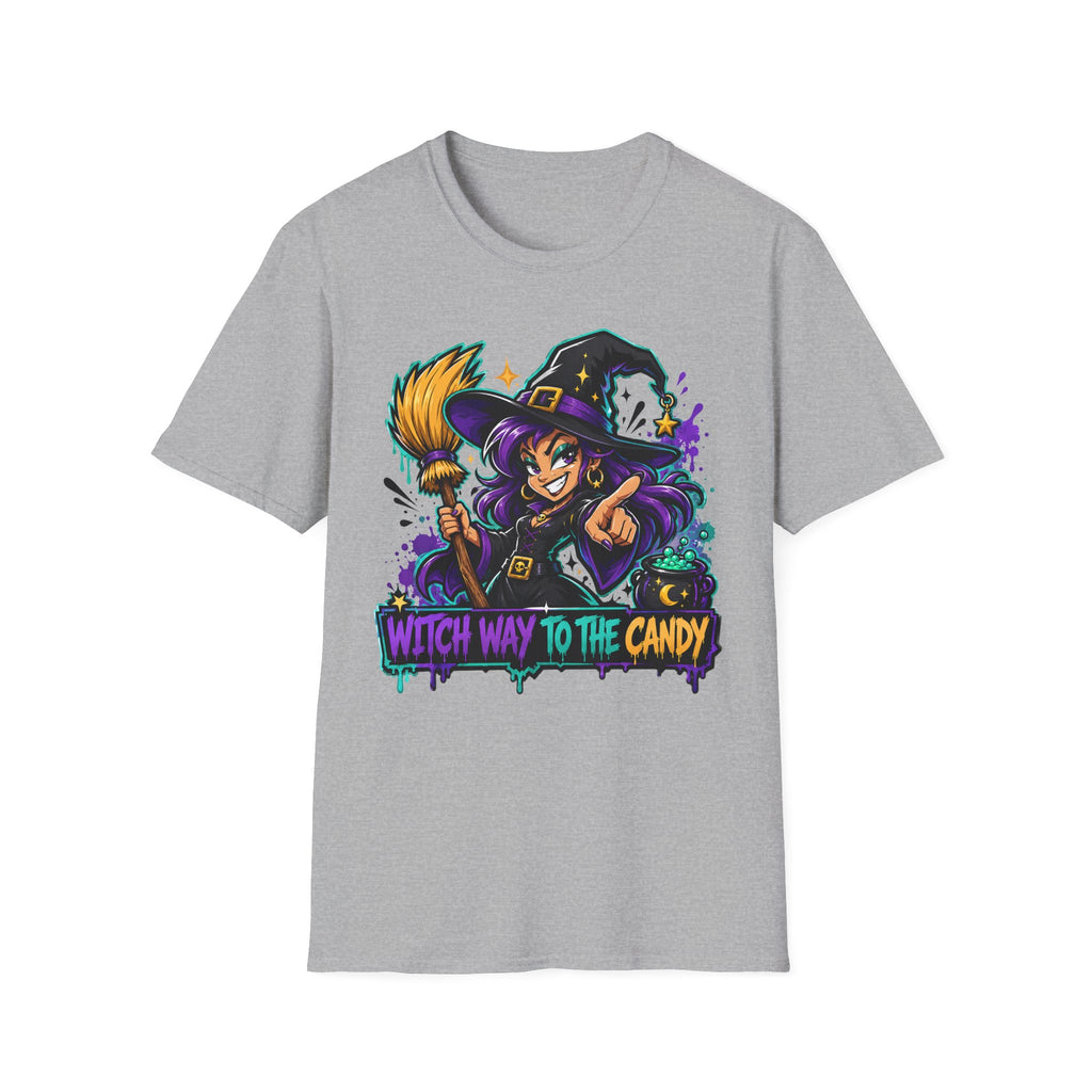 Light gray T-shirt with colorful witch holding candy, “Witch Way to the Candy” graphic