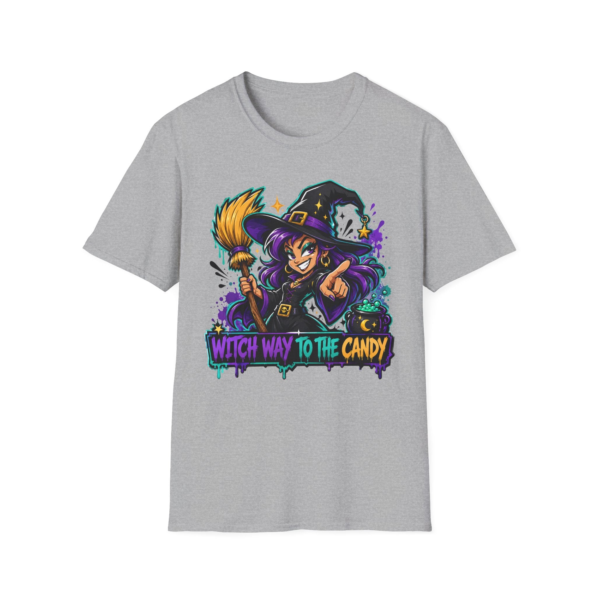 Light gray T-shirt with colorful witch holding candy, “Witch Way to the Candy” graphic