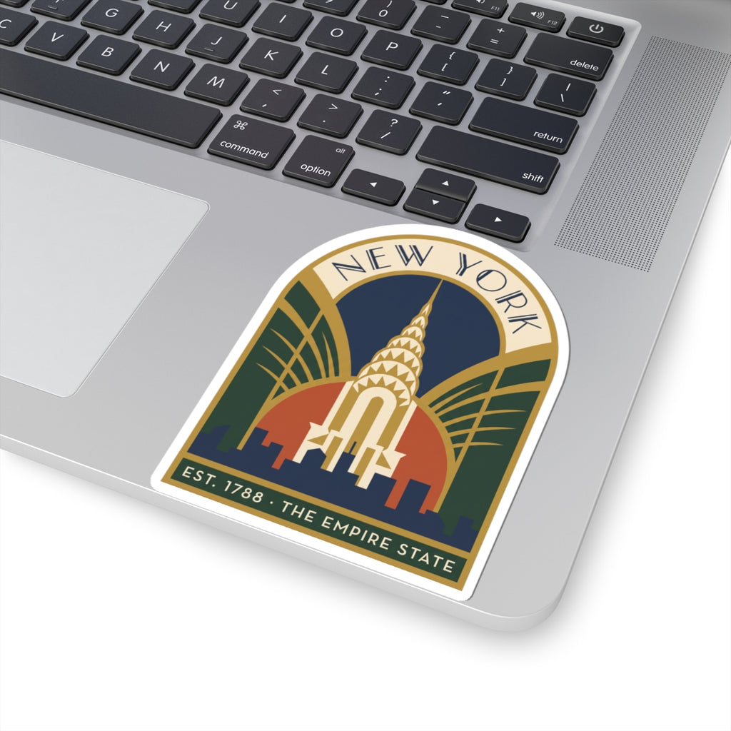 New York skyline sticker on a laptop trackpad, arch design featuring the Empire State Building