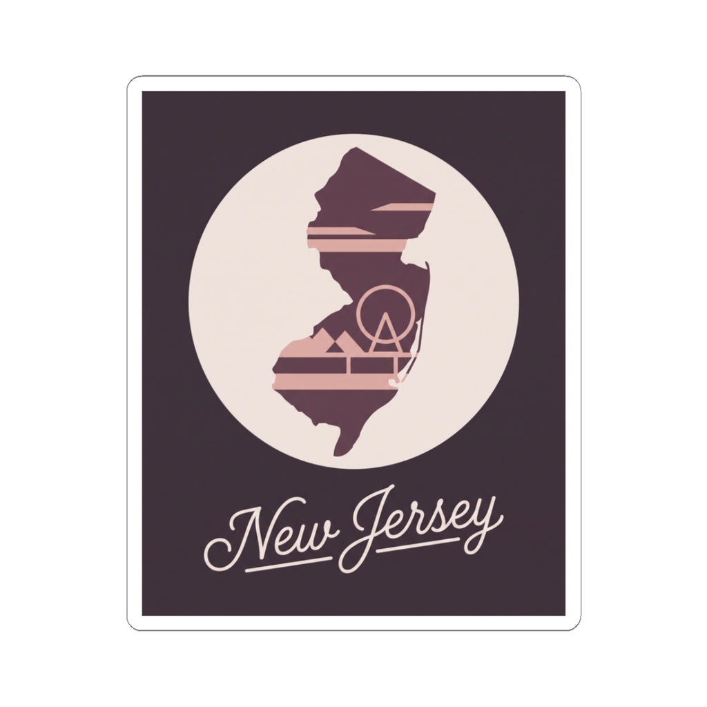 Square New Jersey state silhouette kiss-cut decal with script “New Jersey” text in maroon