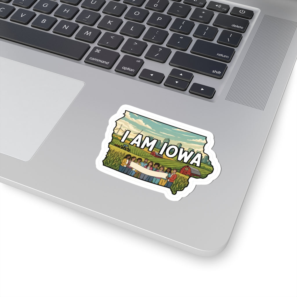 I AM IOWA die-cut sticker on a white laptop lid