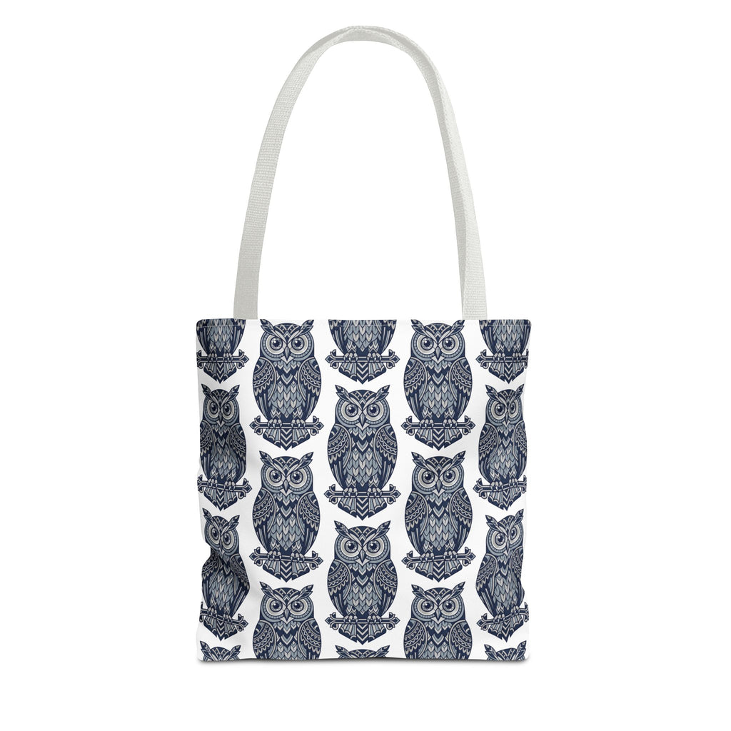 Navy owl tote bag with light handles, repeating blue-and-white owl illustration pattern