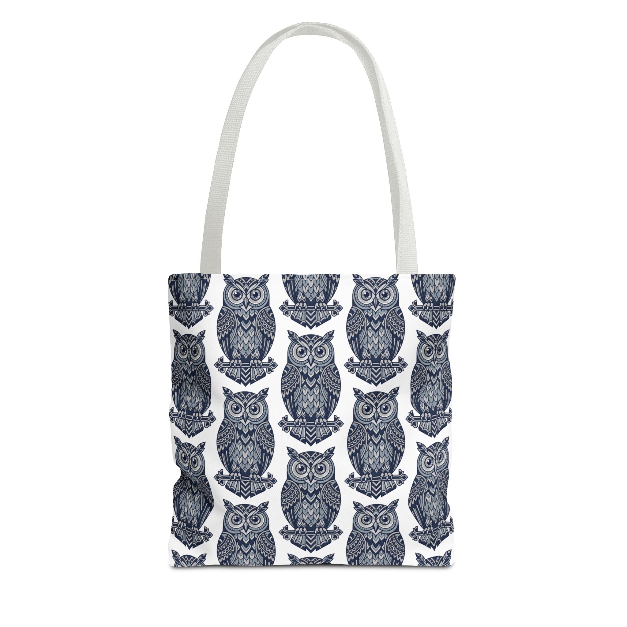 Navy owl tote bag with light handles, repeating blue-and-white owl illustration pattern