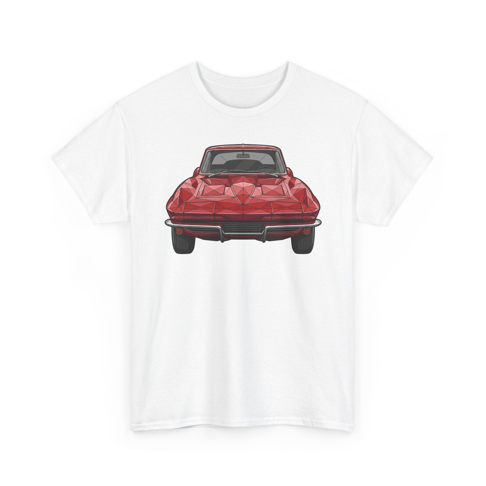 White crew-neck T-shirt with centered red sports coupe graphic, front view