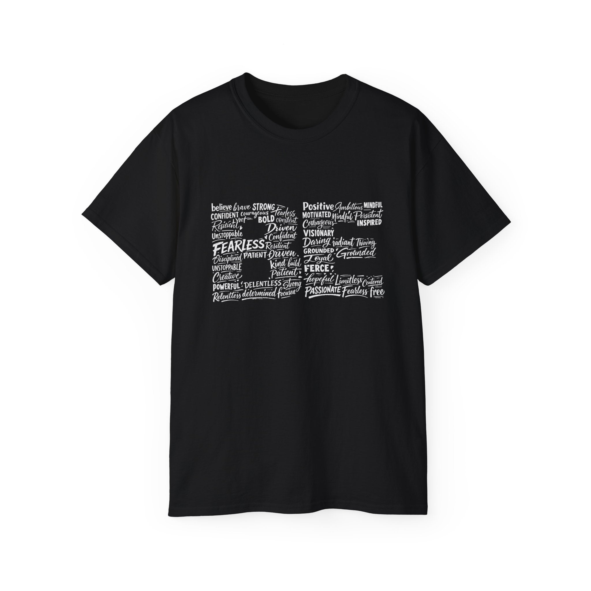 Life word cloud T-shirt in black with inspirational typography print