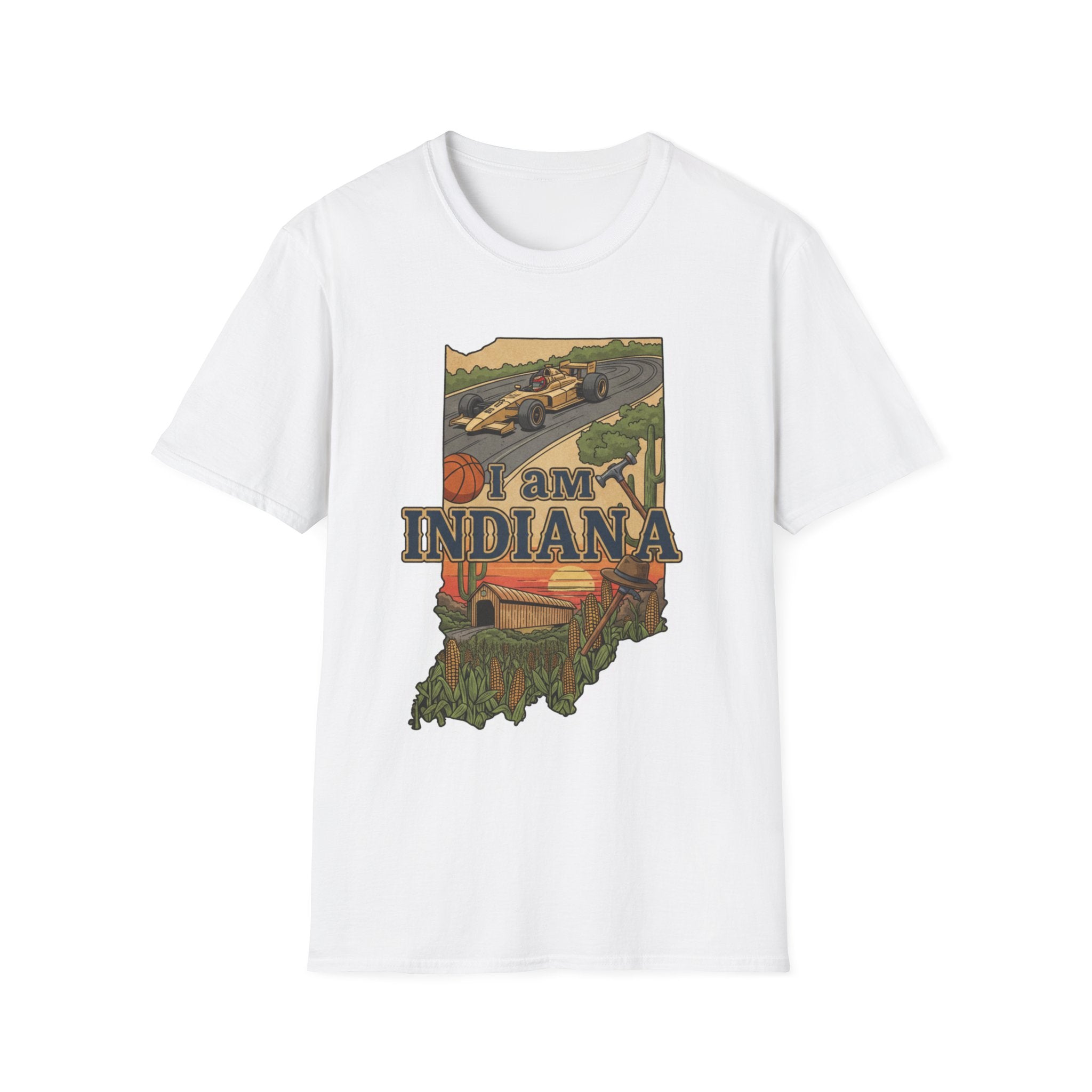 White I Am Indiana T-shirt with state outline, race car and basketball graphic