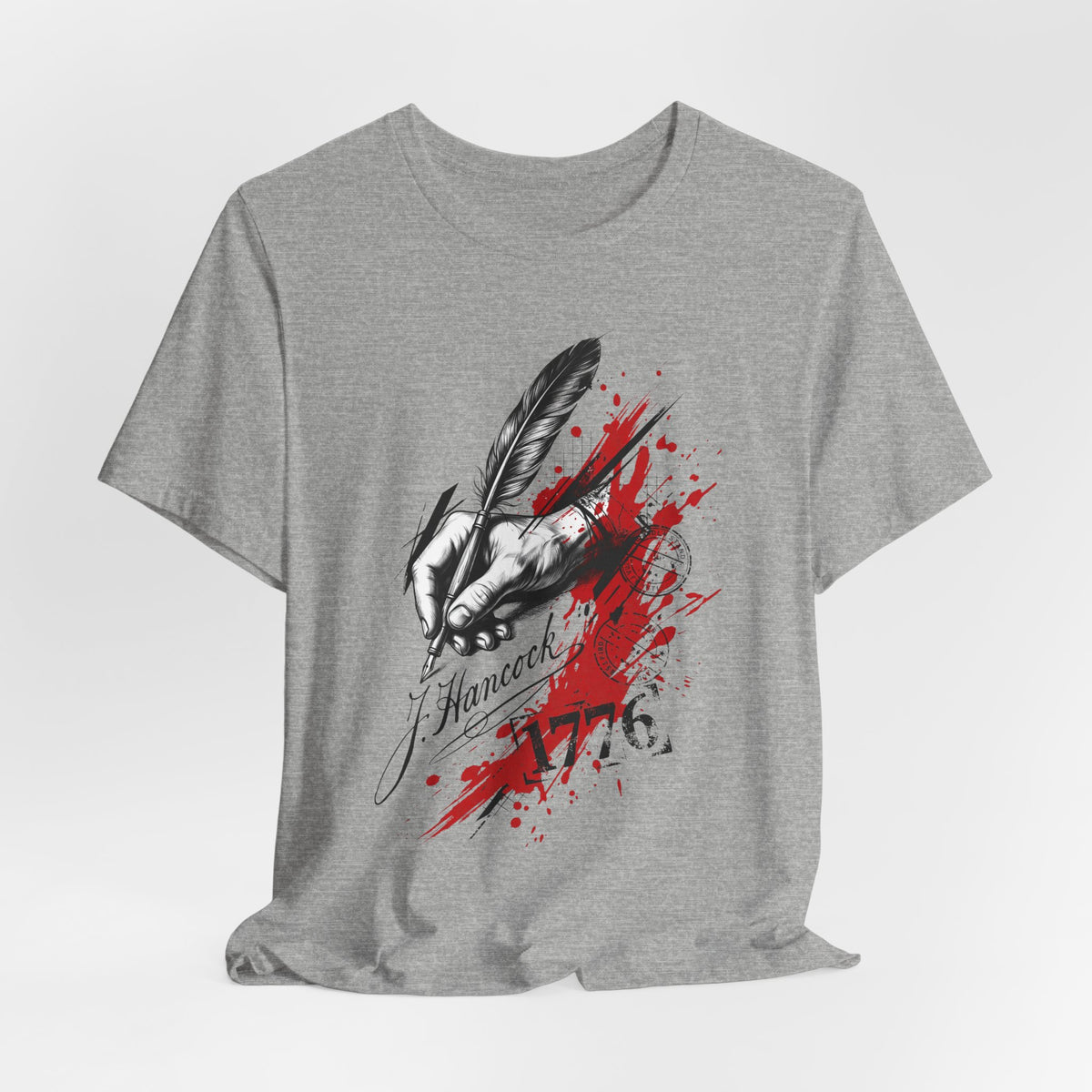 Dark grey crewneck t-shirt with black quill and red ink splash graphic at center