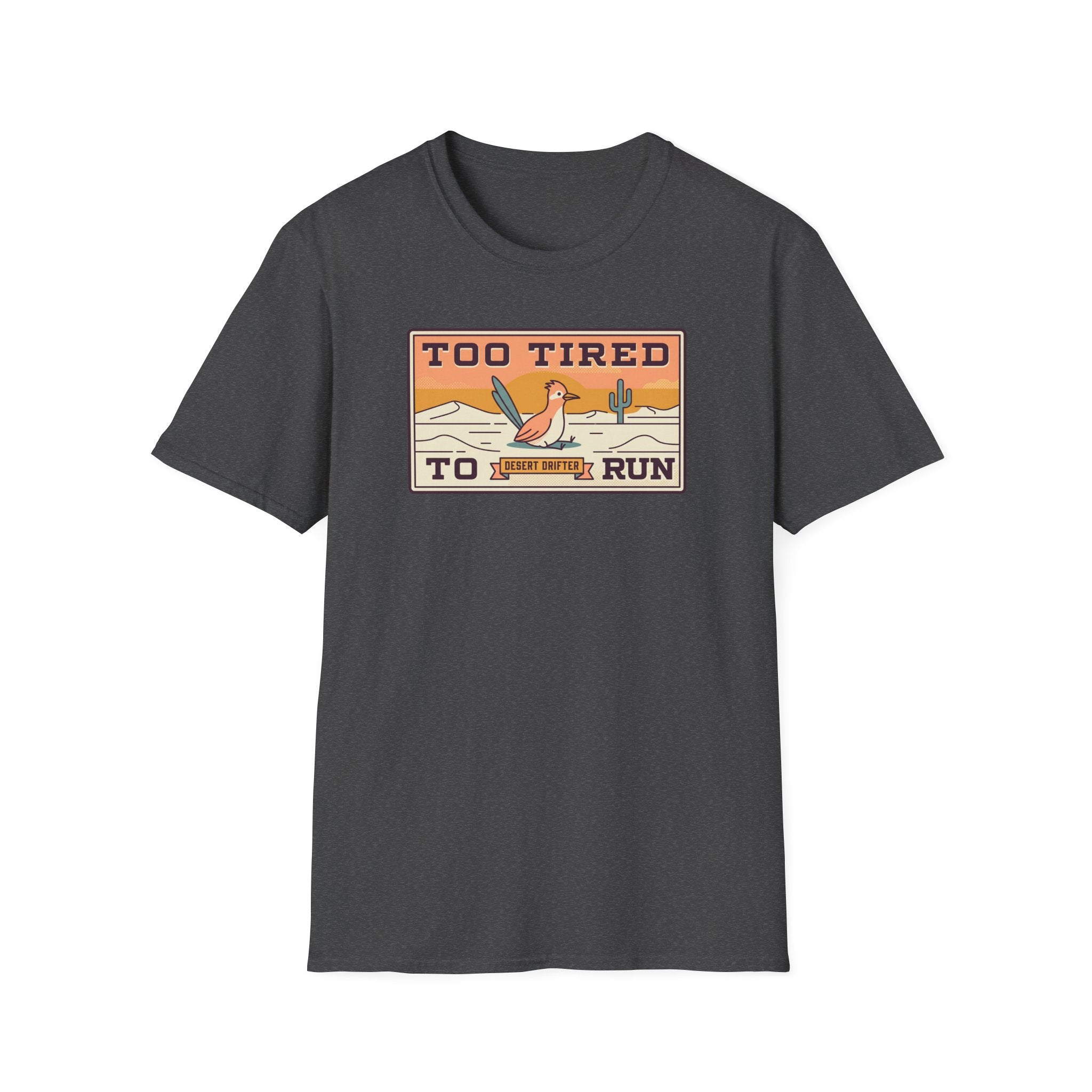 Dark heather short-sleeve T-shirt with front desert runner graphic