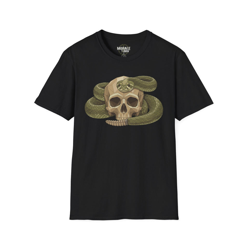 Camiseta negra con calavera de serpiente verde envuelta y diseño botánico vintage