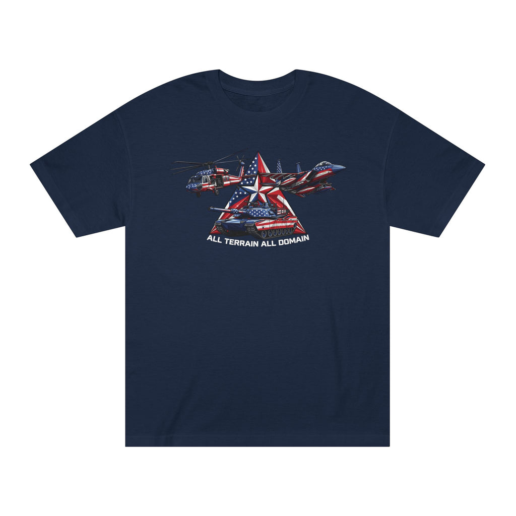 Navy crewneck T-shirt with red, white, and blue aircraft star graphic on chest