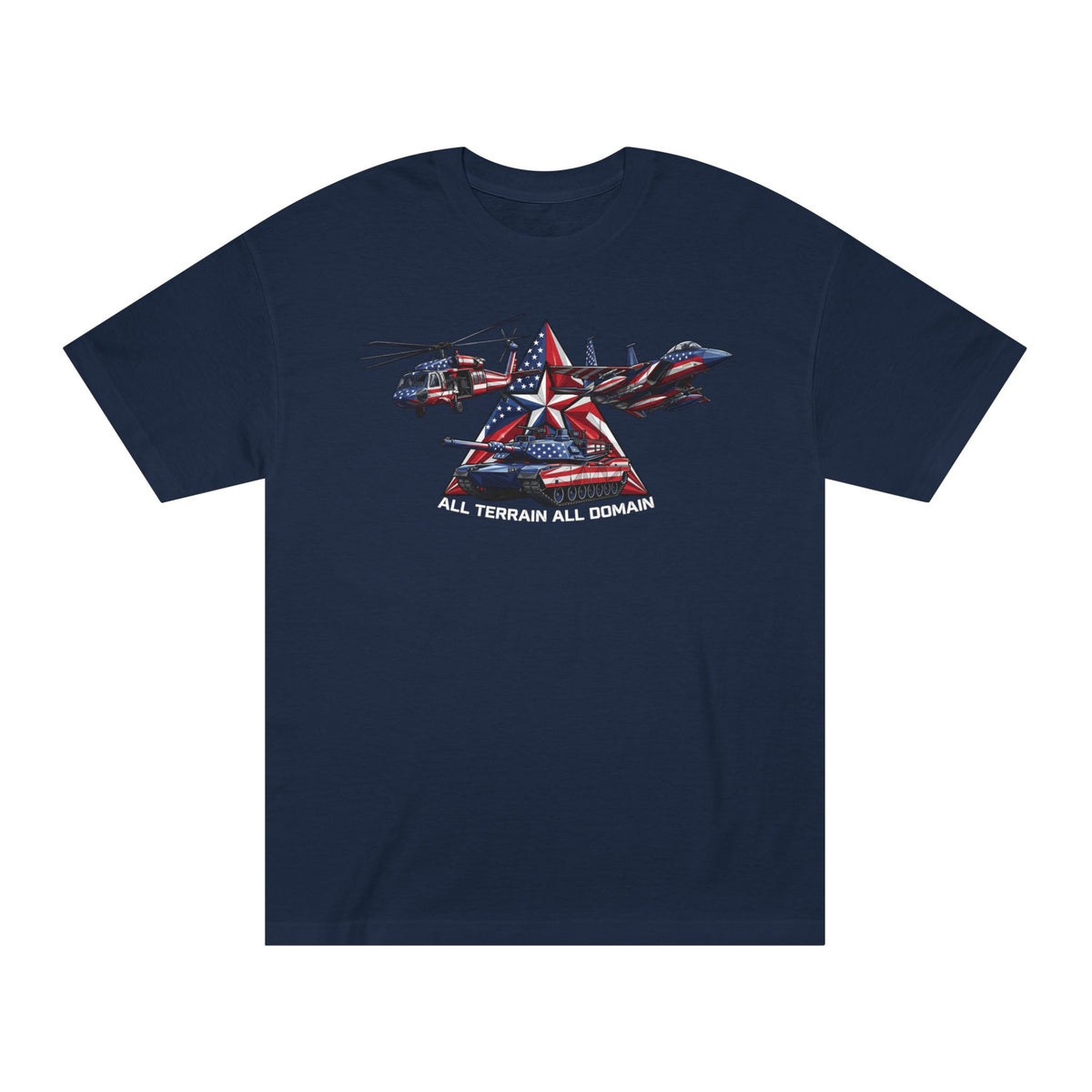 Navy crewneck T-shirt with red, white, and blue aircraft star graphic on chest