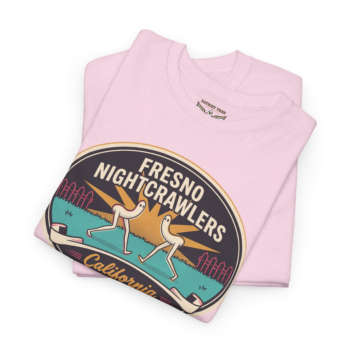 Light pink graphic patch tee with Fresno Nightcrawlers skateboard scene front print
