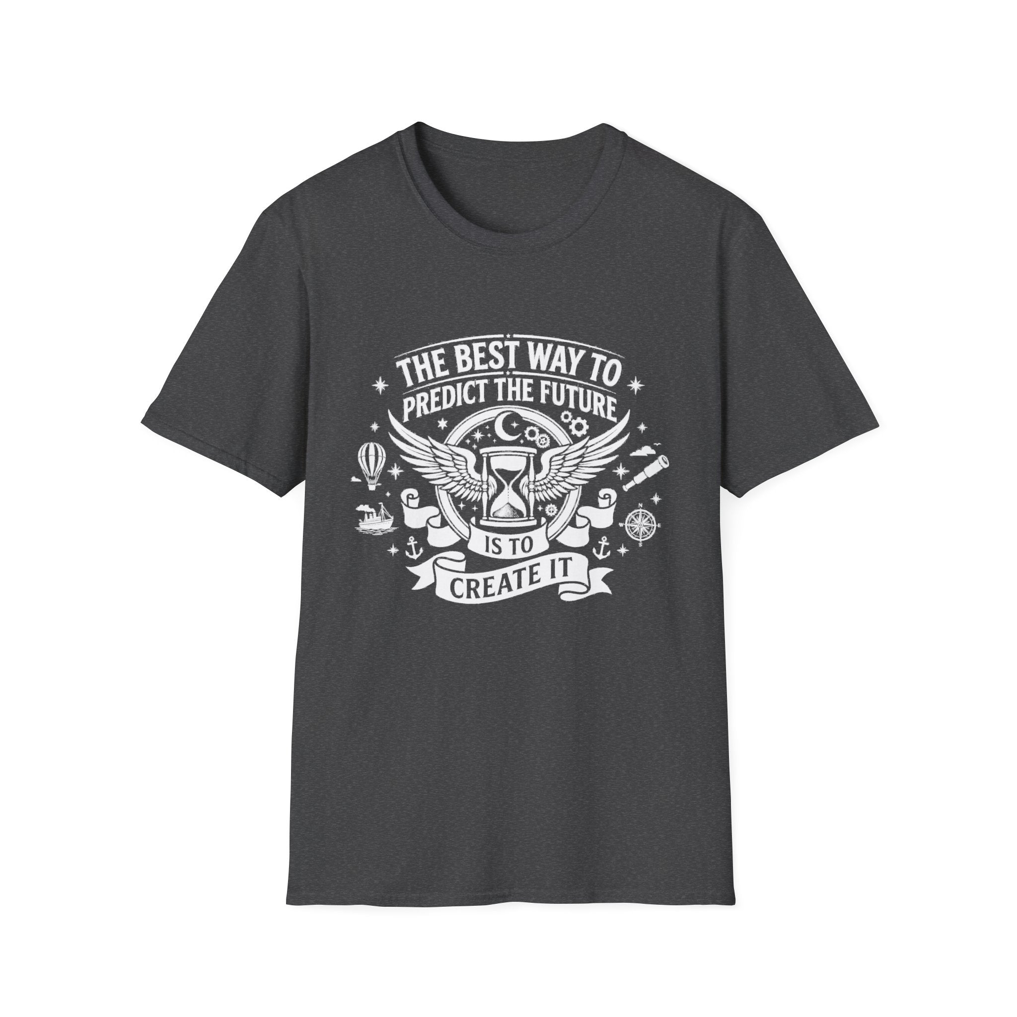 Dark Heather T-shirt with winged 'Create It' quote graphic on front
