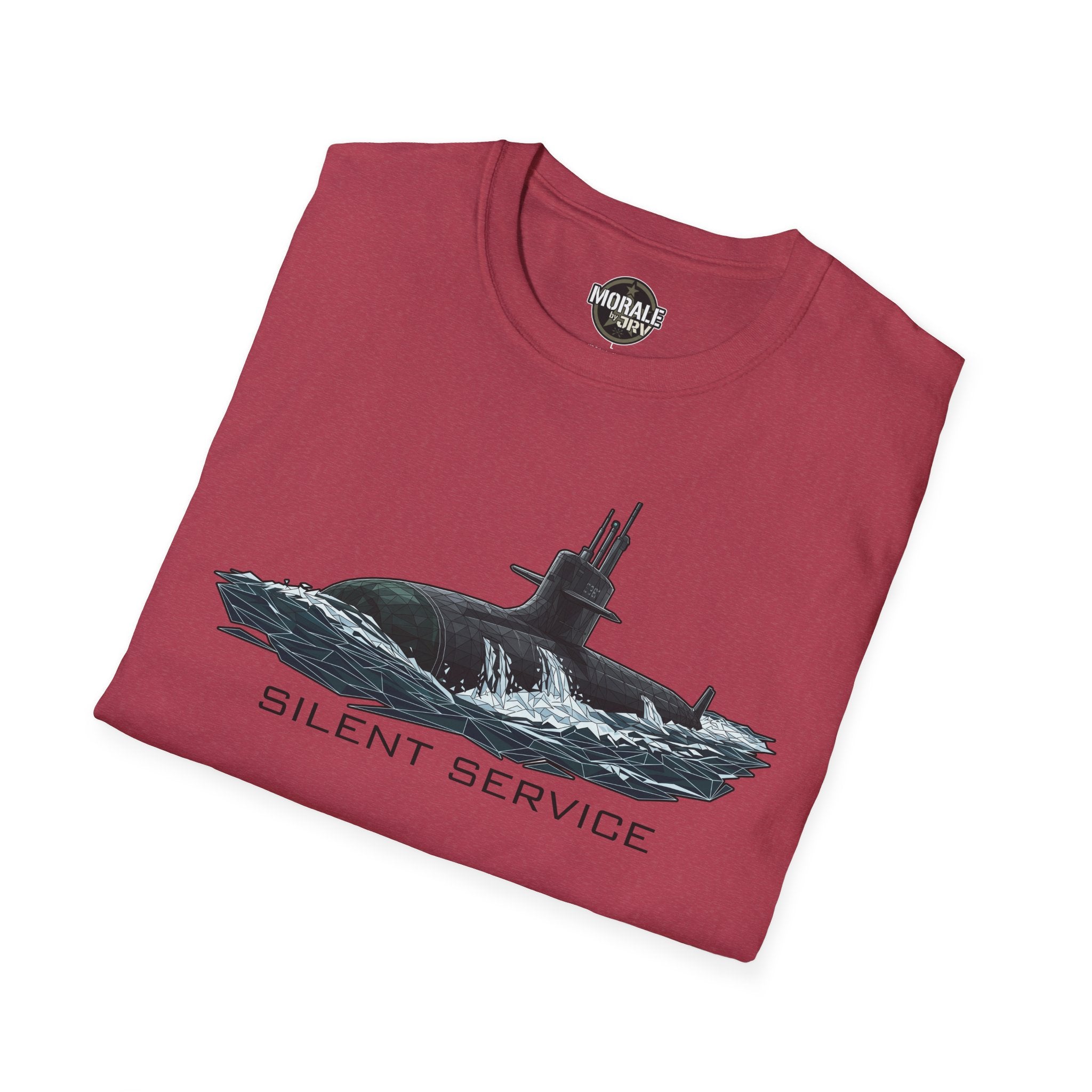 Silent Service submarine graphic T-shirt, maroon/red, submarine image with 'SILENT SERVICE'