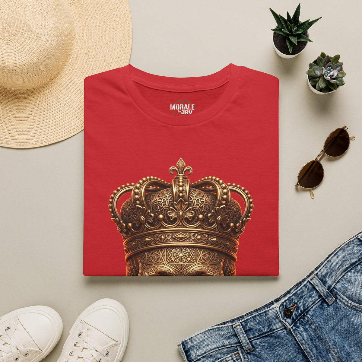 Red crew-neck T-shirt with ornate gold crown skull graphic on the front